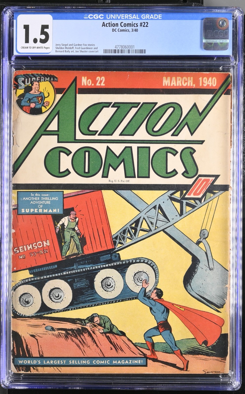 1940 D.C. Comics Action Comics 22 CGC 1.5. Early Superman Cover 1940 D.C. Comics Action Comics 22 CGC 1.5. Early Superman Cover