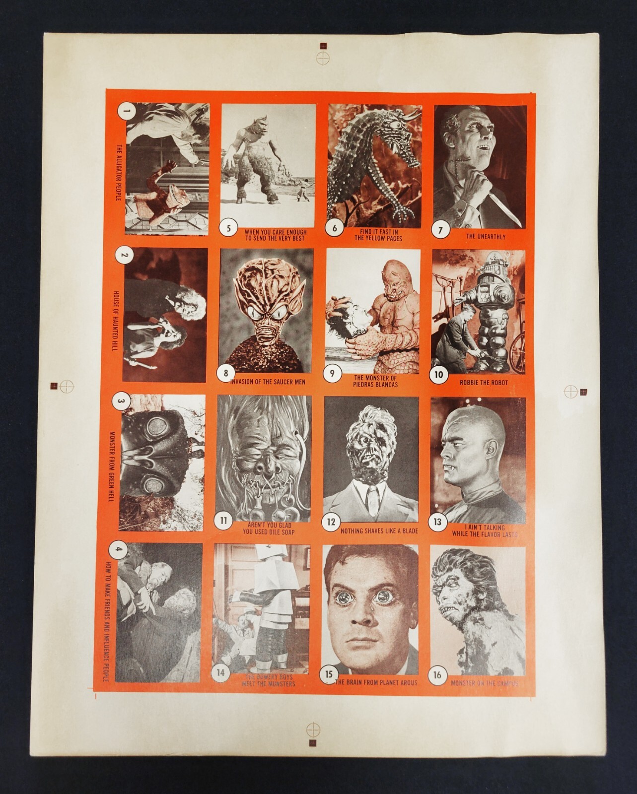 1961 Nu-Card Horror Monster Uncut Test Proof Sheet Bright Orange Unique Numbers 1961 Nu-Card Horror Monster Uncut Test Proof Sheet Bright Orange Unique Numbers