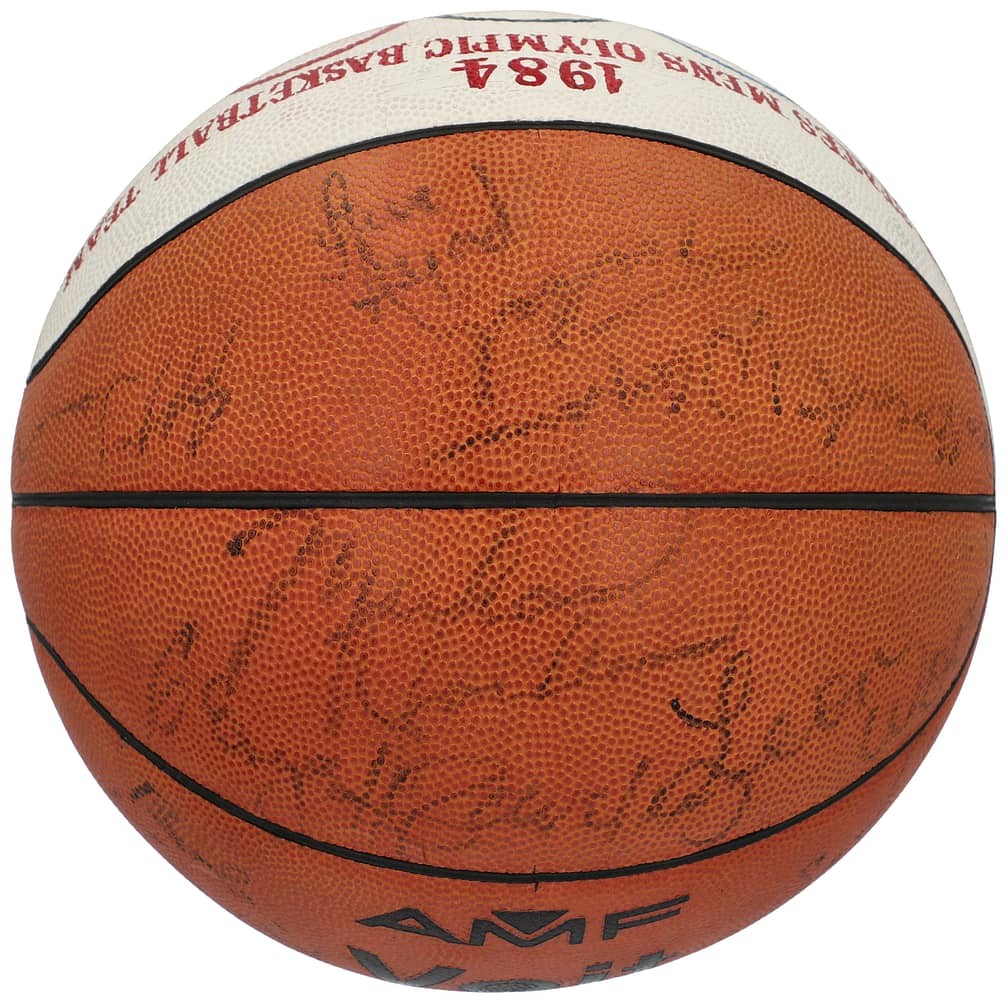 1984 US Men's Olympic Team Multi-Signed Basketball w/ Jordan Ewing PSA/DNA LOA 1984 US Men's Olympic Team Multi-Signed Basketball w/ Jordan Ewing PSA/DNA LOA
