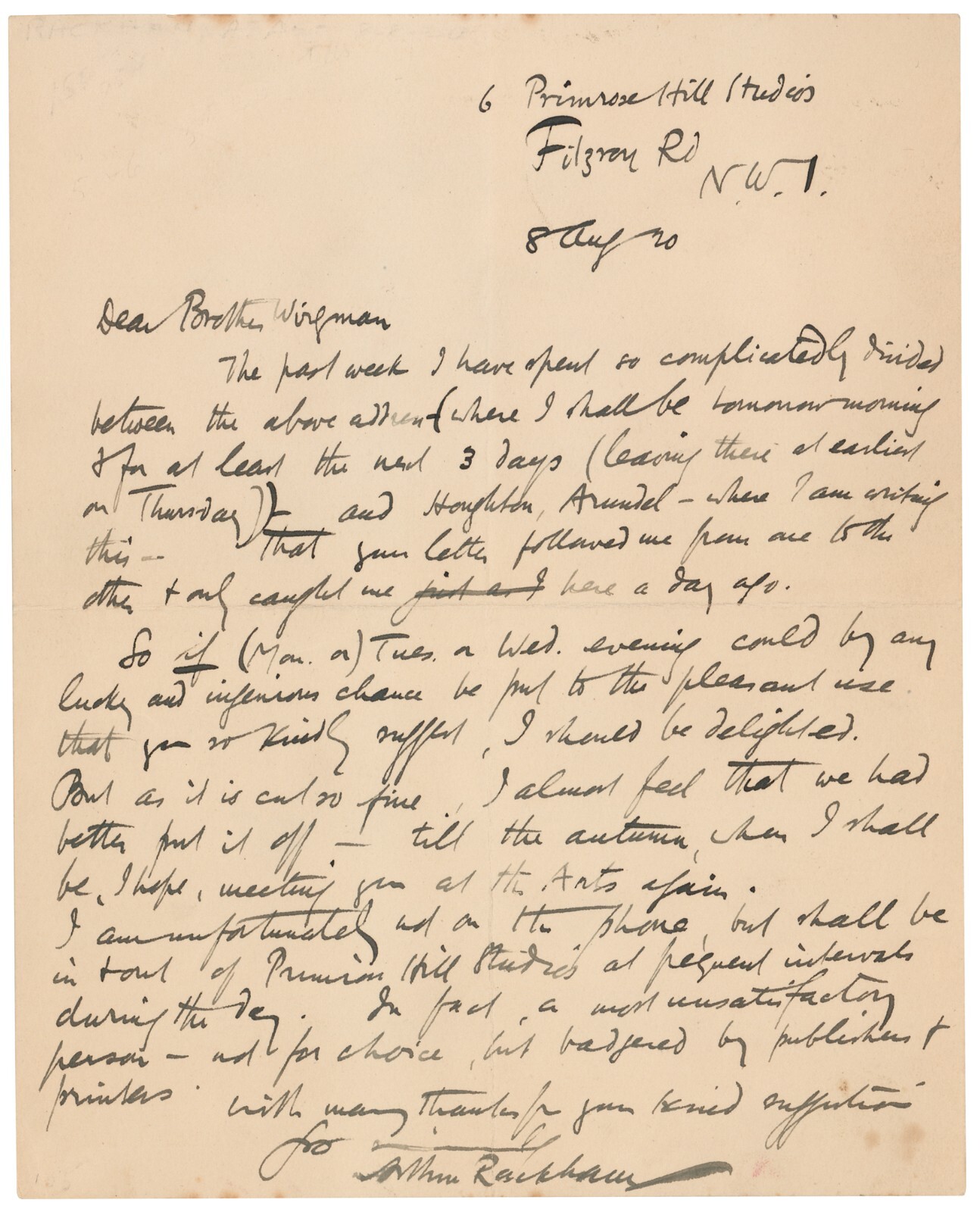 Famed British Illustrator ARTHUR RACKHAM, Autograph Letter Signed, August 1920