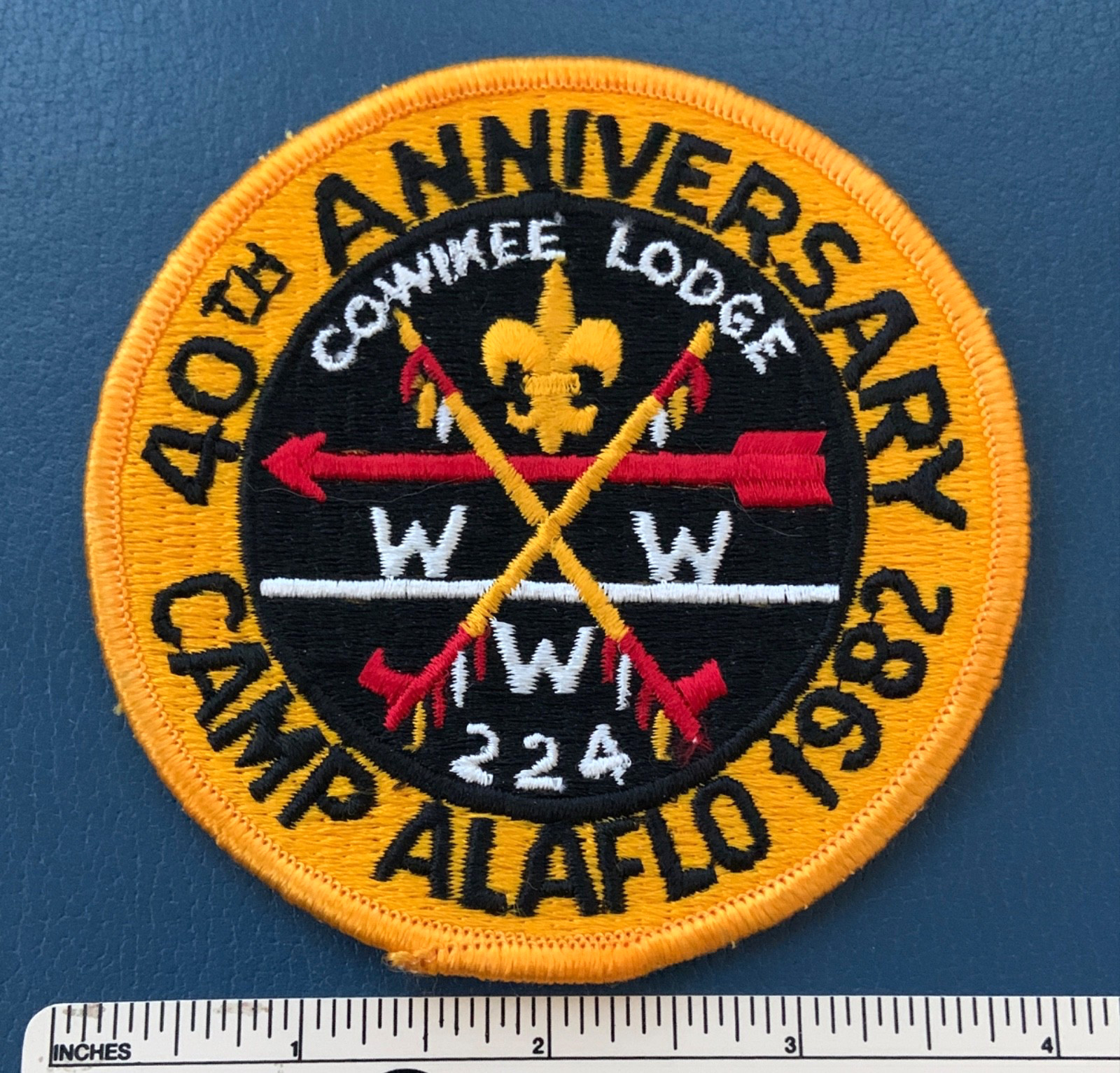 Vintage 1982 OA COWIKEE LODGE 224 40th Anniversary Round PATCH Camp Alaflo WWW Vintage 1982 OA COWIKEE LODGE 224 40th Anniversary Round PATCH Camp Alaflo WWW