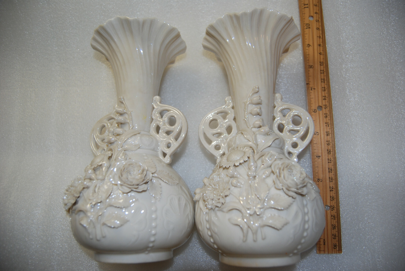 ANTIQUE BELLEEK VICTORIAN PRINCESS PORCELAIN VASES FLOWER ROSES LILY OF VALLEY