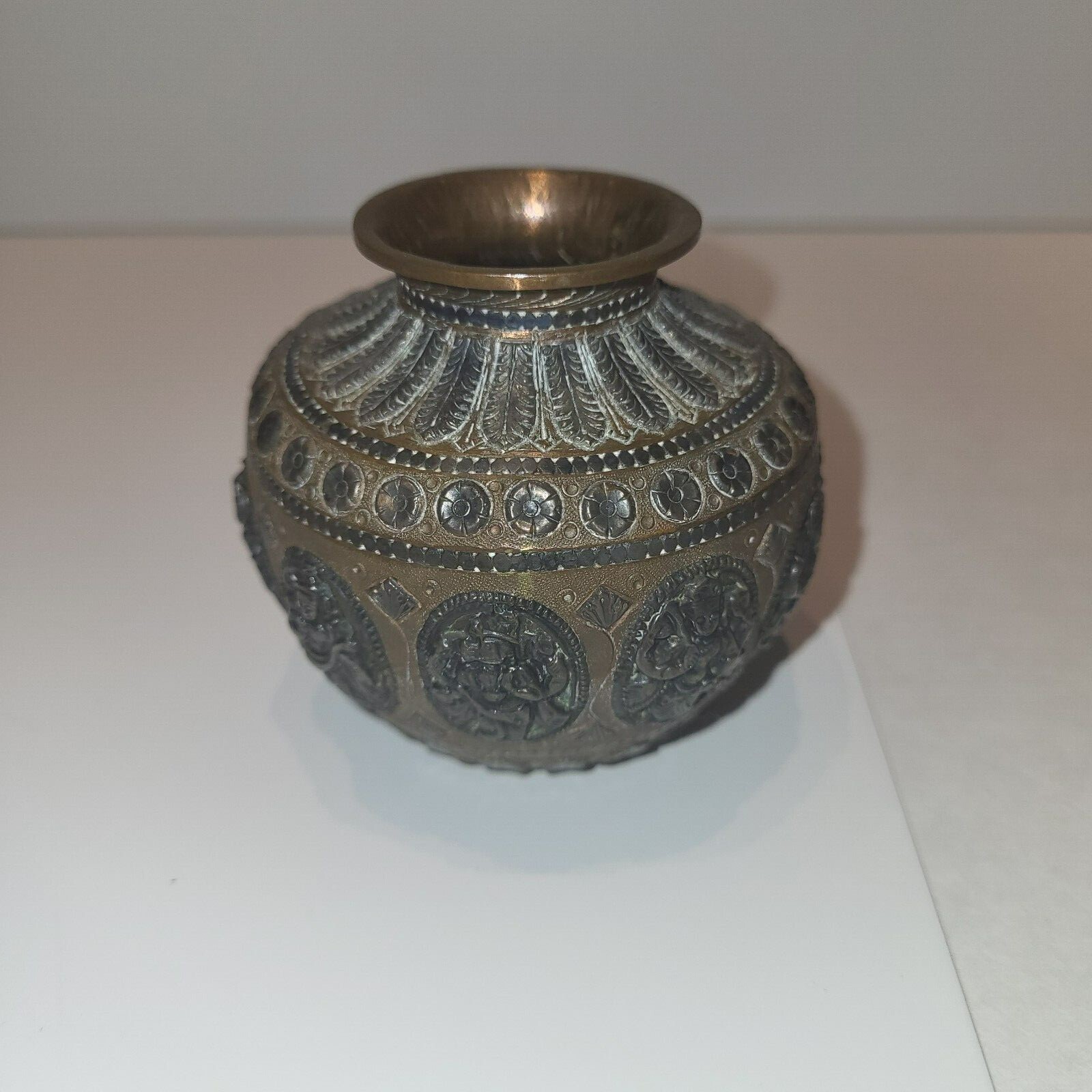 Rare 16th -17th Century Brass Hindu Holy Water Vessel with Gods Represented