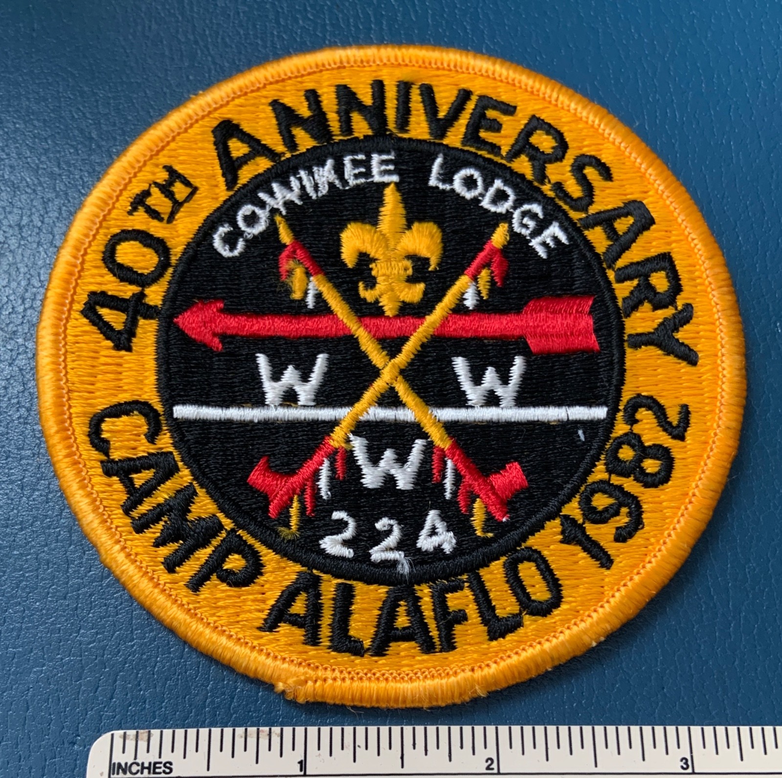 Vintage 1982 OA COWIKEE LODGE 224 40th Anniversary Round PATCH Camp Alaflo WWW Vintage 1982 OA COWIKEE LODGE 224 40th Anniversary Round PATCH Camp Alaflo WWW