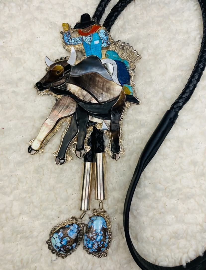 Rare Native American Zuni Eldred Martinez Turquoise Bucking Bull Rider Bolo Tie Rare Native American Zuni Eldred Martinez Turquoise Bucking Bull Rider Bolo Tie