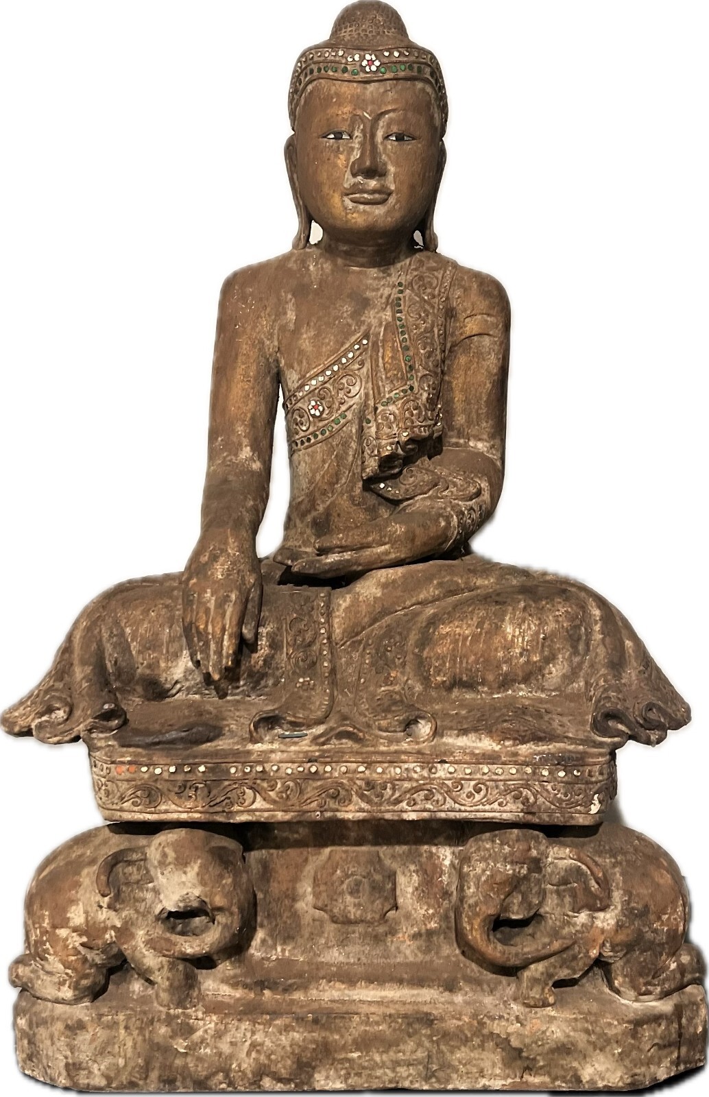 RARE LARGE ANTIQUE WOOD BURMA SITTING BUDDHA STATUE WITH ELEPHANTS 26 RARE LARGE ANTIQUE WOOD BURMA SITTING BUDDHA STATUE WITH ELEPHANTS 26