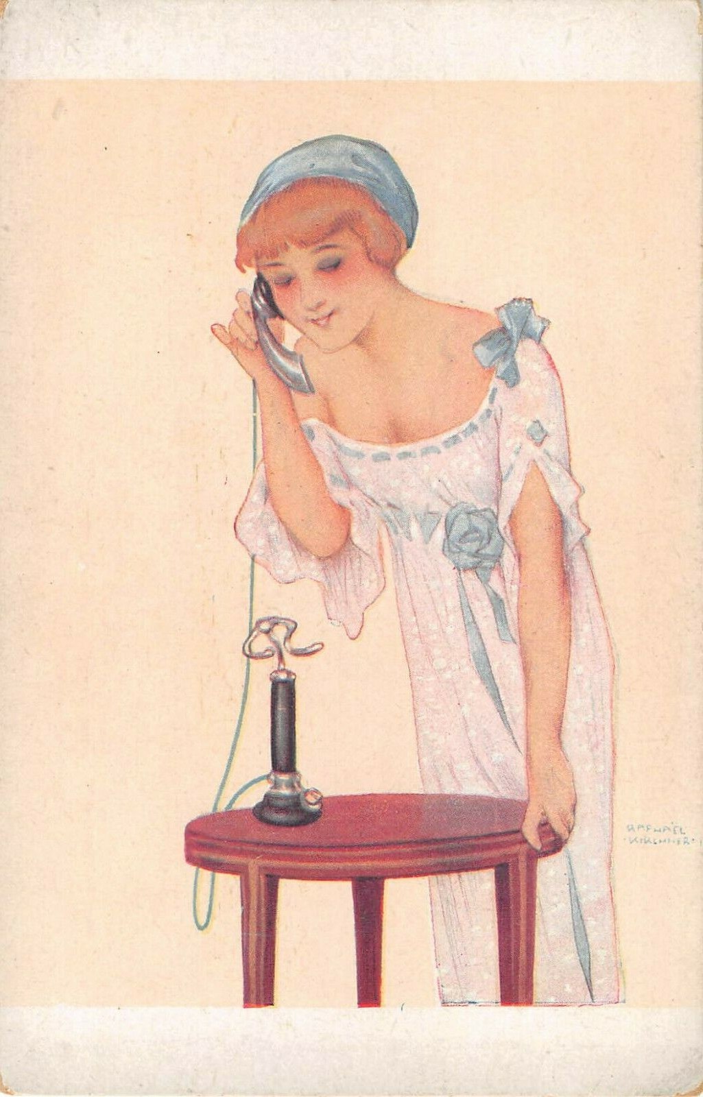 c.1910? sgd. Raphael Kirchner Pretty Girl Talking on Telephone post card c.1910? sgd. Raphael Kirchner Pretty Girl Talking on Telephone post card