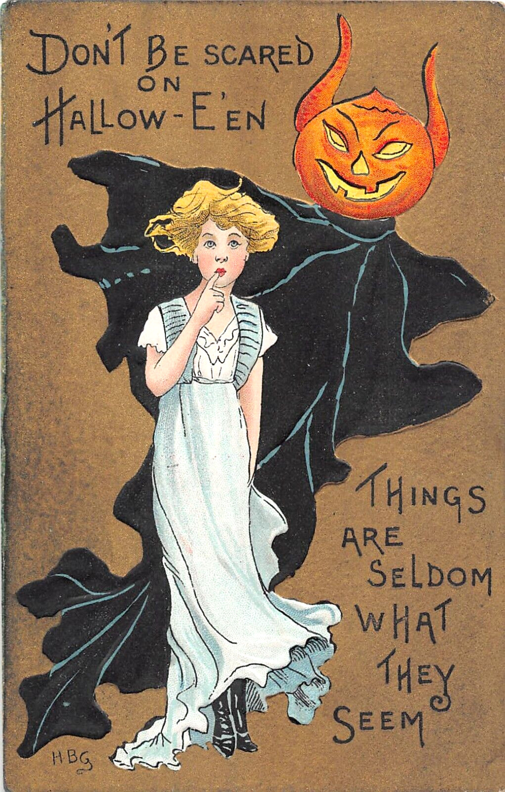 c.1910 sgd. HBG Pretty Girl & Jack O\' Lantern Headed Goblin Halloween post card c.1910 sgd. HBG Pretty Girl & Jack O\' Lantern Headed Goblin Halloween post card