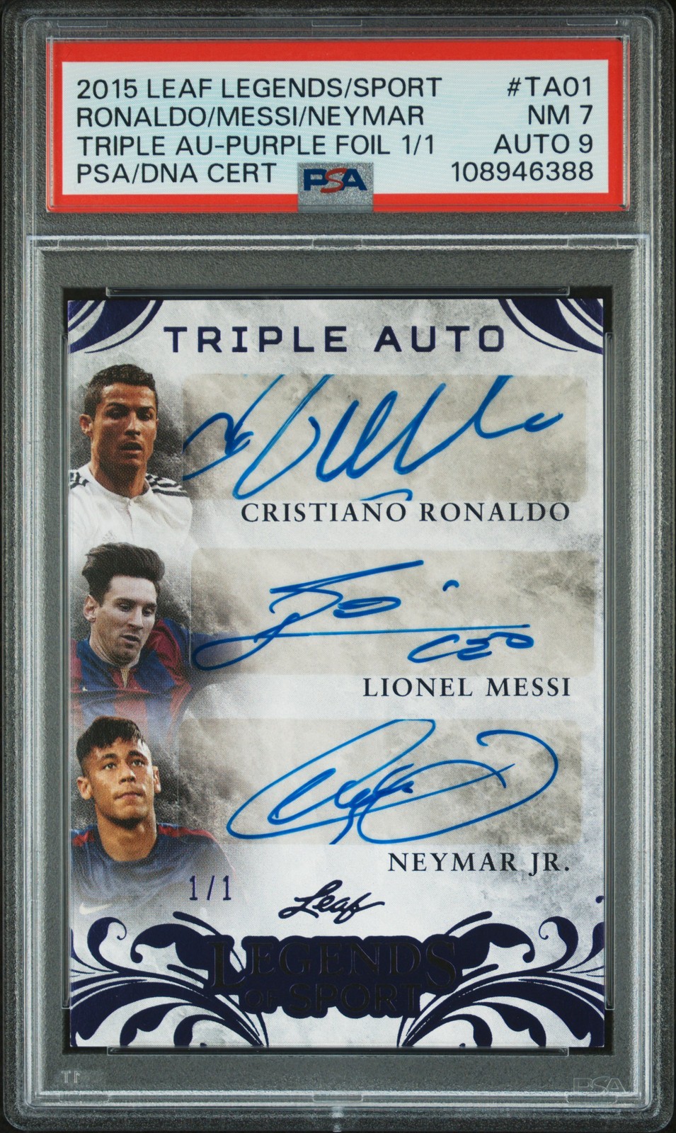 2015 PURPLE FOIL 1/1 CRISTIANO RONALDO/LIONEL MESSI/NEYMAR JR. 1/1 PSA 7 AUTO 9 2015 PURPLE FOIL 1/1 CRISTIANO RONALDO/LIONEL MESSI/NEYMAR JR. 1/1 PSA 7 AUTO 9