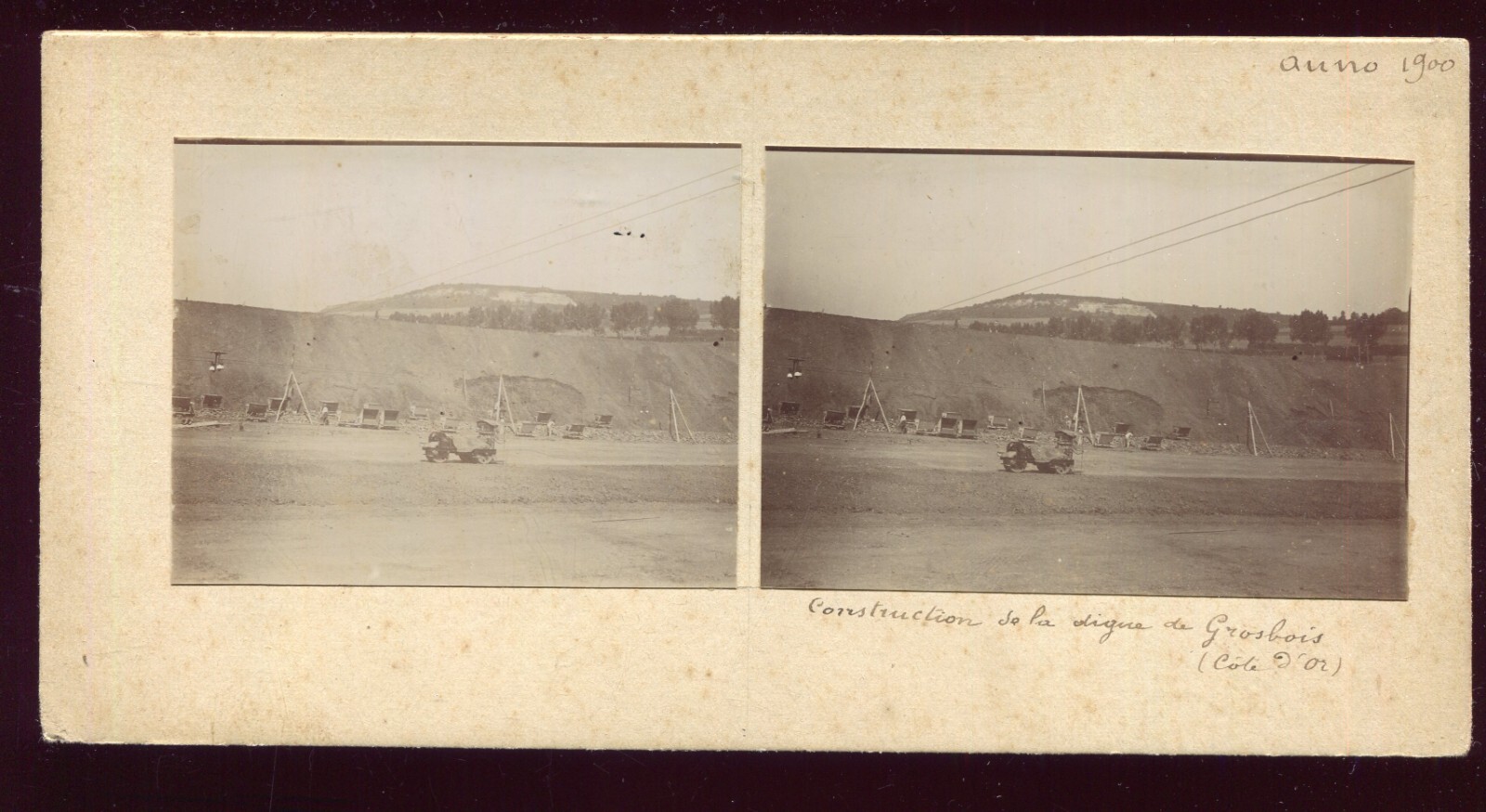 rare Grosbois Côte-d'Or stereo photo. construction of the dike between 1900 -1905