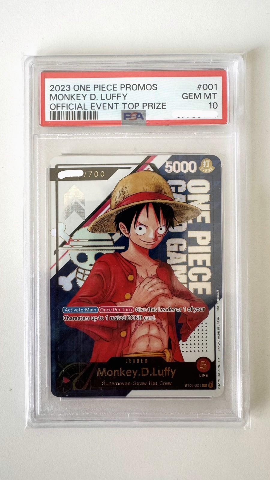 One Piece TCG Monkey D. Luffy Top Prize Serial Number Card ST01-001 PSA 10 One Piece TCG Monkey D. Luffy Top Prize Serial Number Card ST01-001 PSA 10
