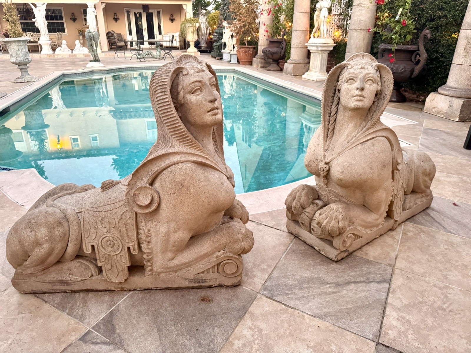 Large Pair Of Majestic Carved Limestone Antique Sphinx Sculptures Statues Large Pair Of Majestic Carved Limestone Antique Sphinx Sculptures Statues