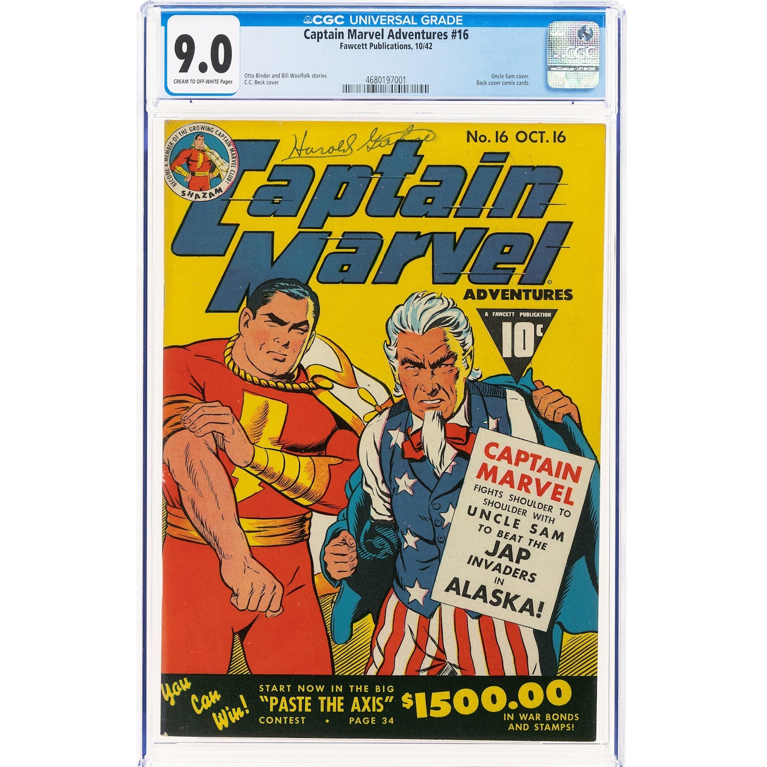 Captain Marvel Adventures #16 CGC 9.0 Classic Uncle Sam Patriotic Cover Captain Marvel Adventures #16 CGC 9.0 Classic Uncle Sam Patriotic Cover