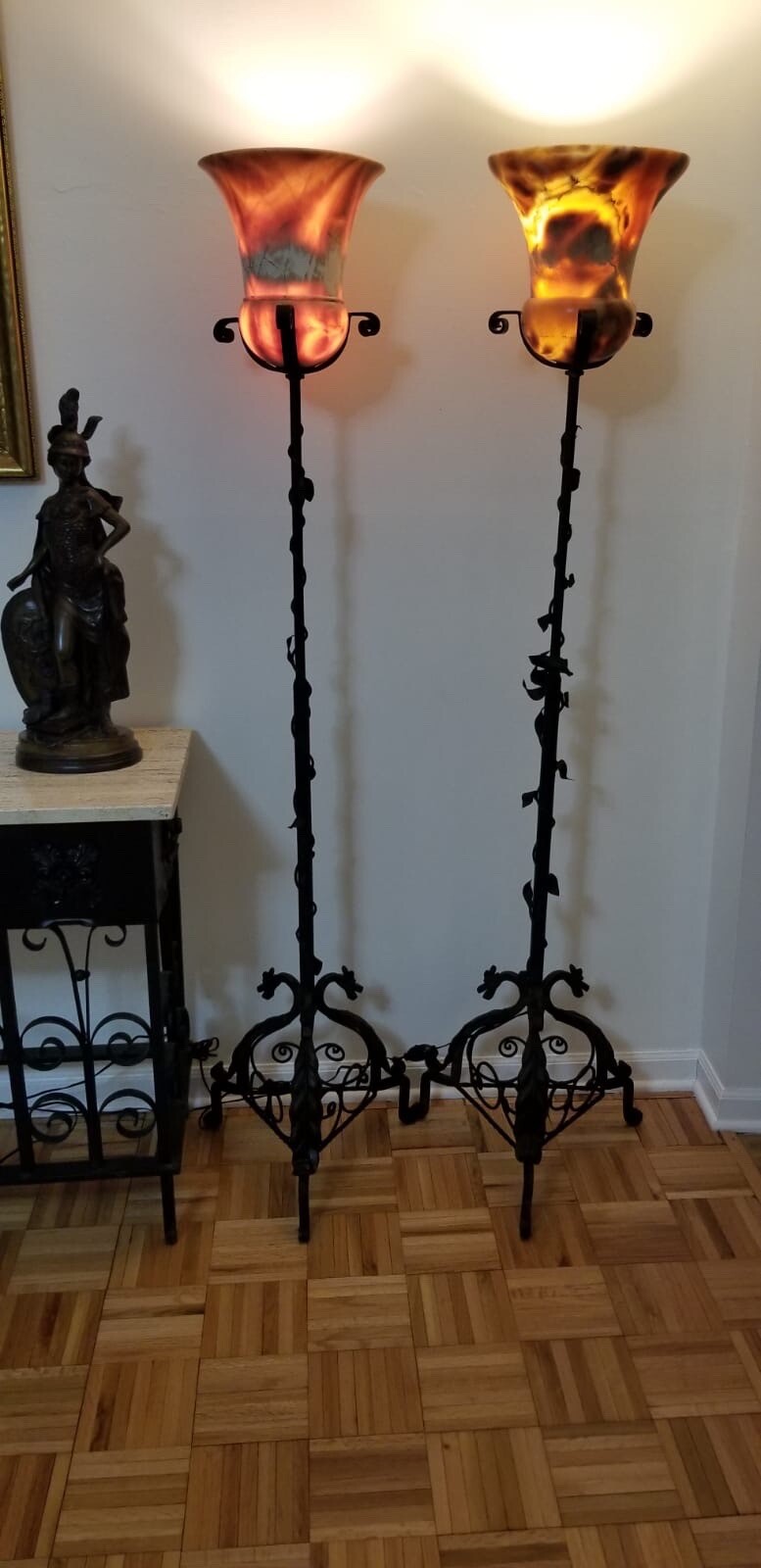Fabulous Pair Arts Crafts Wrought Iron Dragon Torchiere Lamps w Marble Shade 68”