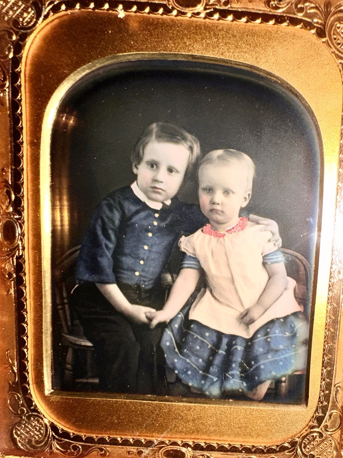 Beautiful HALF PLATE Tinted Daguerreotype of Cute Siblings Boy & Girl Beautiful HALF PLATE Tinted Daguerreotype of Cute Siblings Boy & Girl