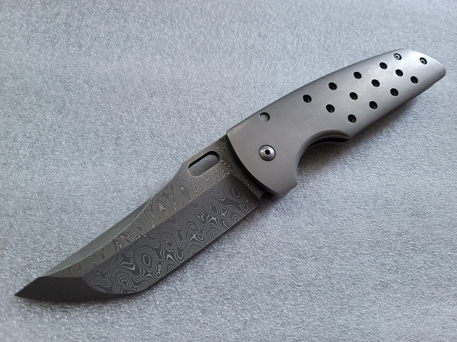 John Barker Knives Custom Hokkaido XL, Damascus Blade/Accents, Strider Hole John Barker Knives Custom Hokkaido XL, Damascus Blade/Accents, Strider Hole