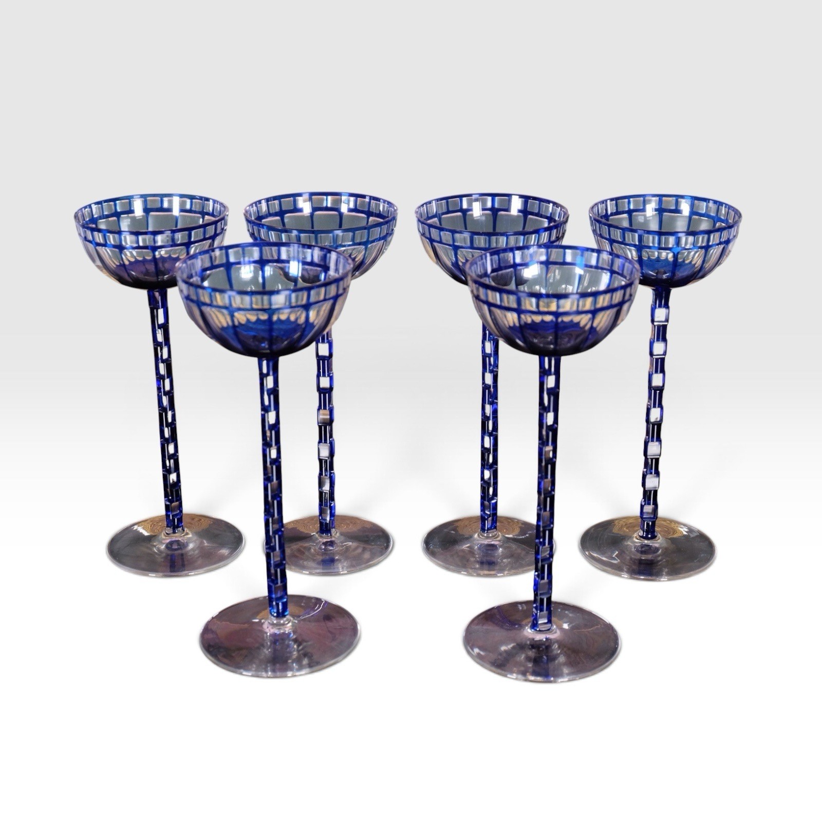 Otto Prutscher Blue Flashed Glass Goblet Set of 6 Meyr’s Neffe 1907 8.25