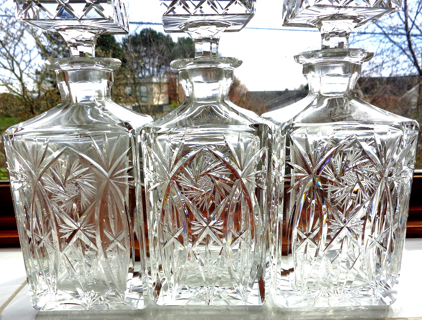 ANTIQUE SET 3 DECANTERS SQUARE HANDCUT CRYSTAL ORIGINAL SQUARE STOPPERS PERFECT