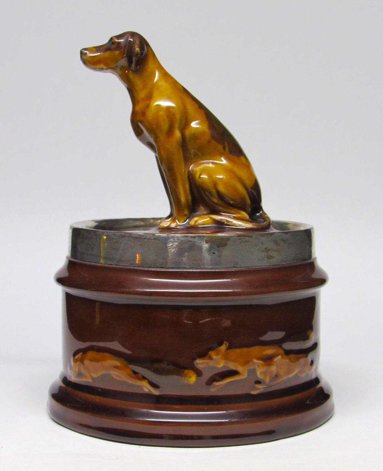 Rare ROYAL DOULTON Kingsware Hound Dog & Foxes Tobacco Jar w/Sterling Rim c.1915