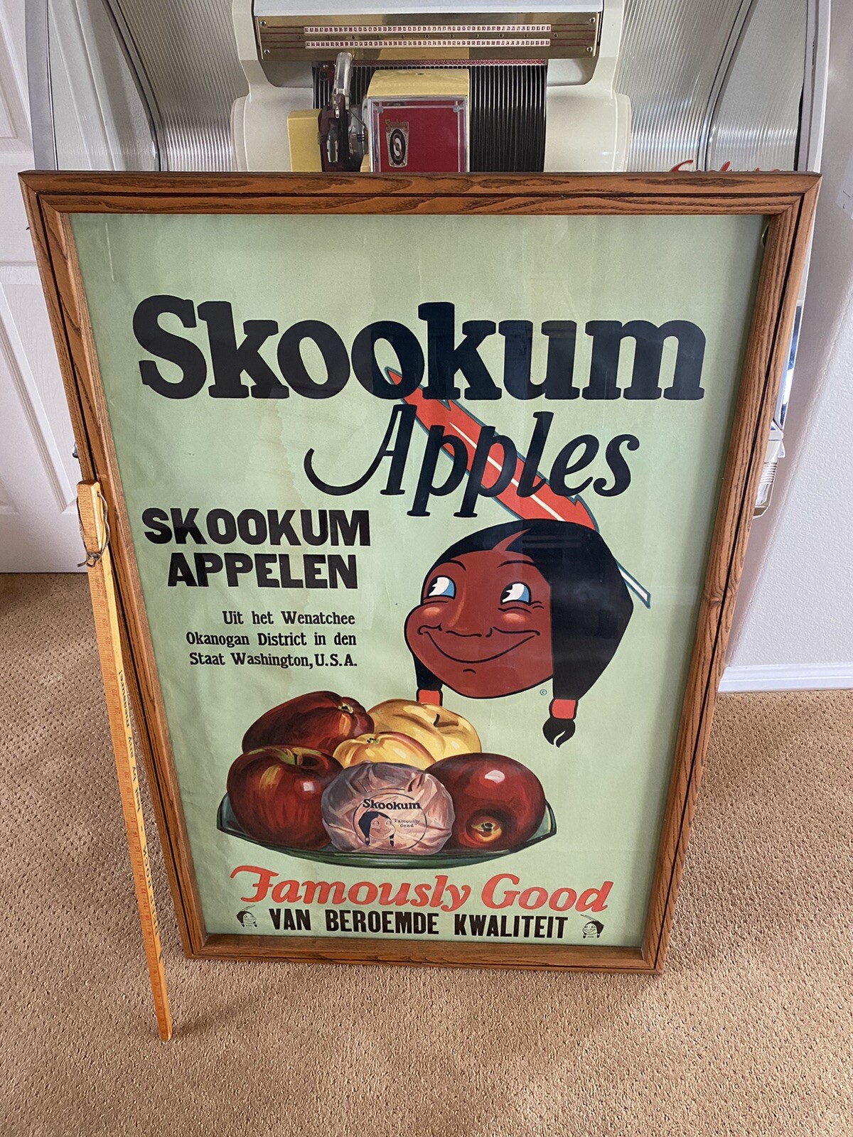 Antique Advertising SKOOKUM Framed Cardboard Poster Old Store Sign 48x32” Circa