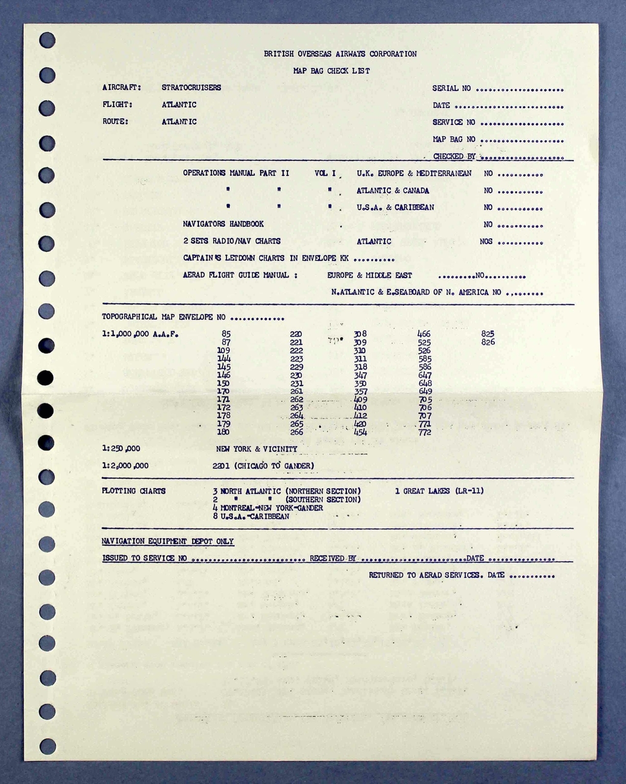 BOAC BOEING STRATOCRUISER MAG BAG CHECK LIST ATLANTIC ROUTE