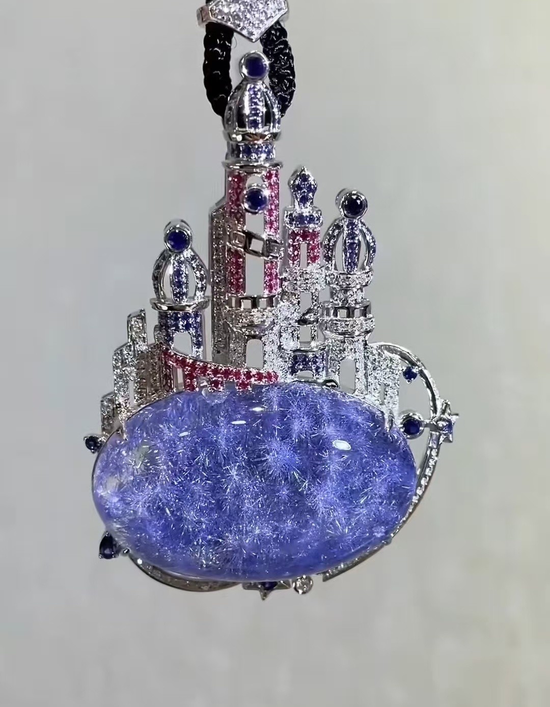 30g Rare Natural Blue Dumortierite Quartz Crystal 18k Real gold diamond Pendant