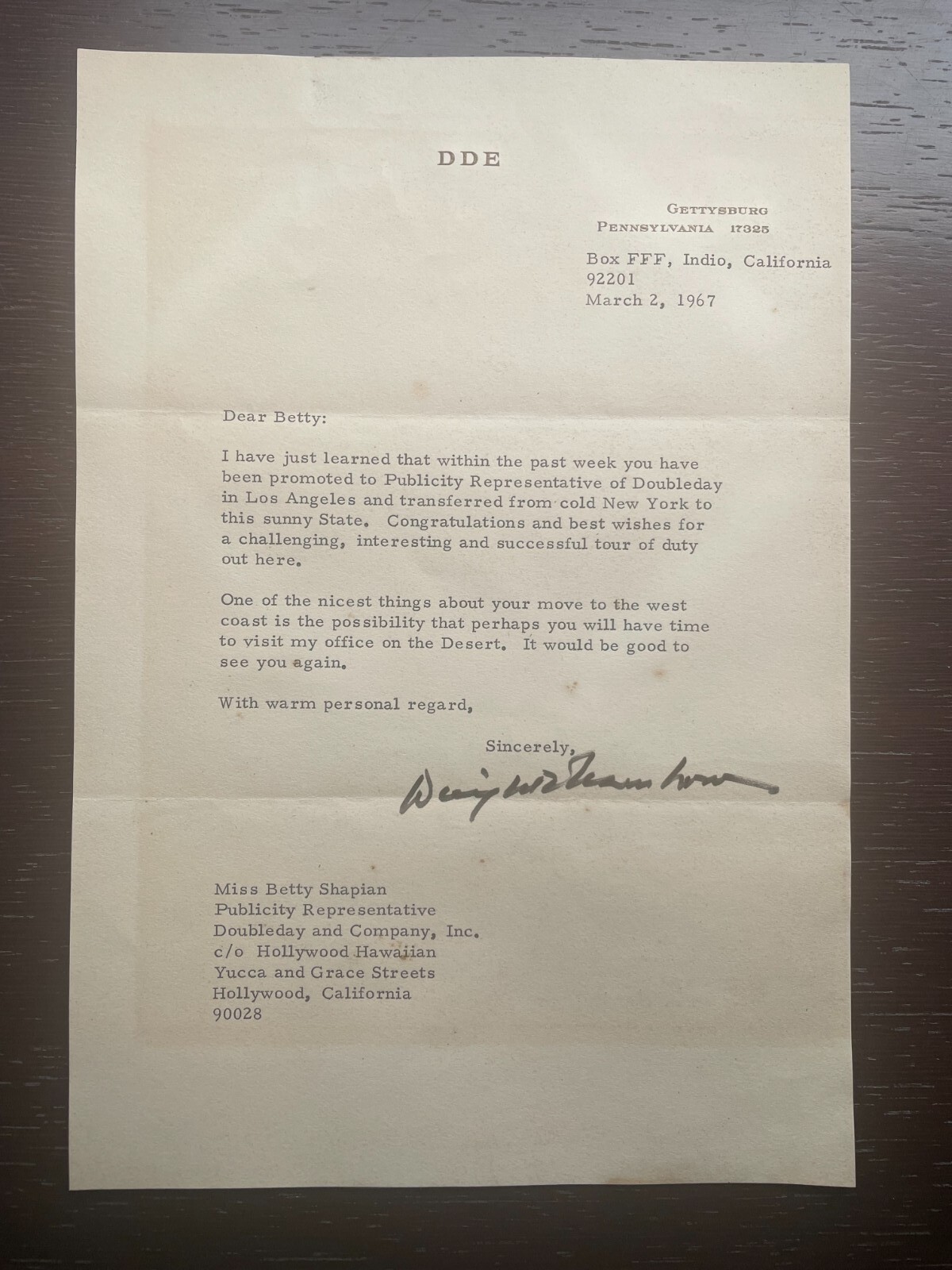 ORIGINAL 1967 LETTER FROM PRESIDENT DWIGHT EISENHOWER (Gettysburg) TO DOUBLEDAY 