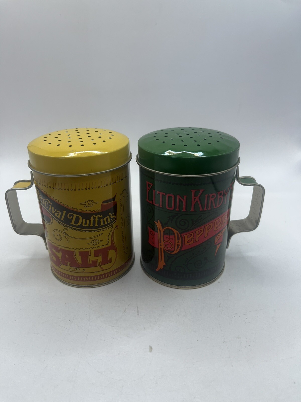 Vintage Tin Can Percival Duffin's Elton Kirby's Salt And Pepper Shakers Handles Vintage Tin Can Percival Duffin's Elton Kirby's Salt And Pepper Shakers Handles
