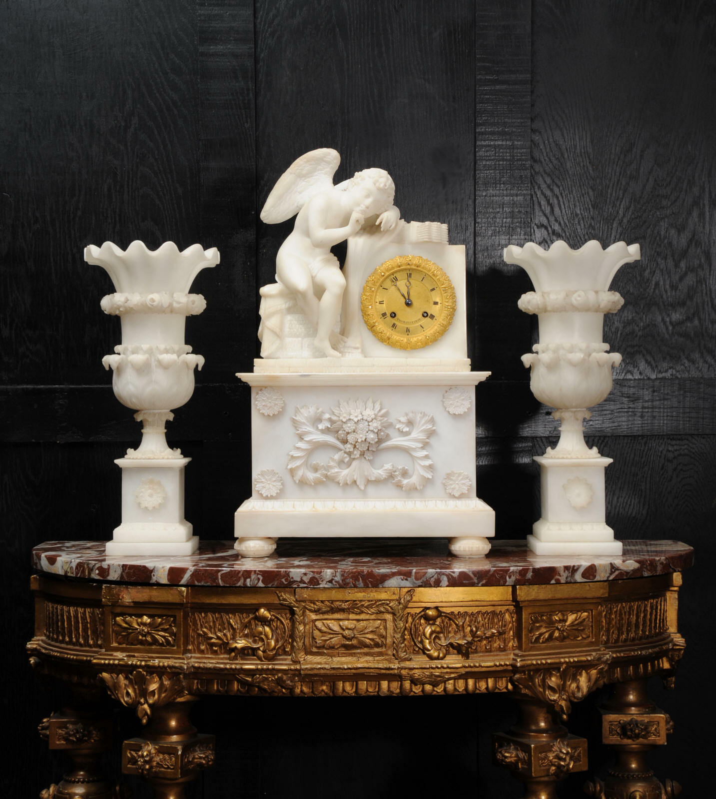 EARLY ANTIQUE FRENCH ALABASTER CLOCK SET CUPID MENACING LOVE C1820 EARLY ANTIQUE FRENCH ALABASTER CLOCK SET CUPID MENACING LOVE C1820