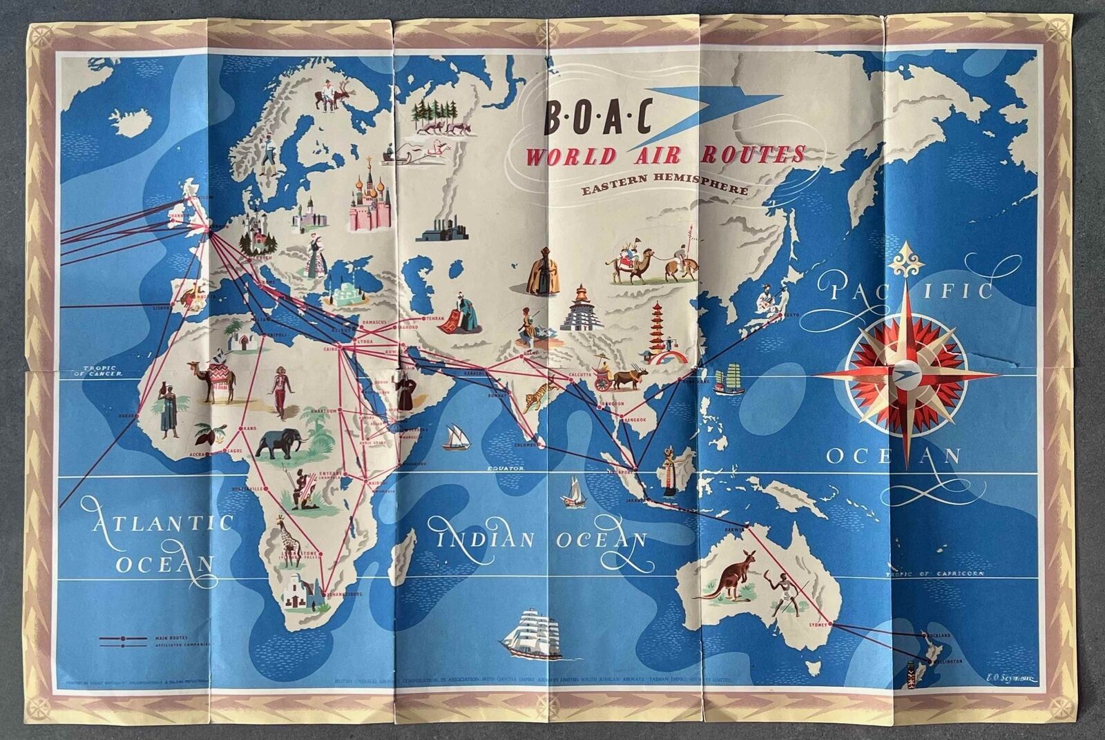 BOAC ORIGINAL AIRLINE ROUTE MAP POSTER 1949 EASTERN & WESTERN HEMISPHERE B.O.A.C