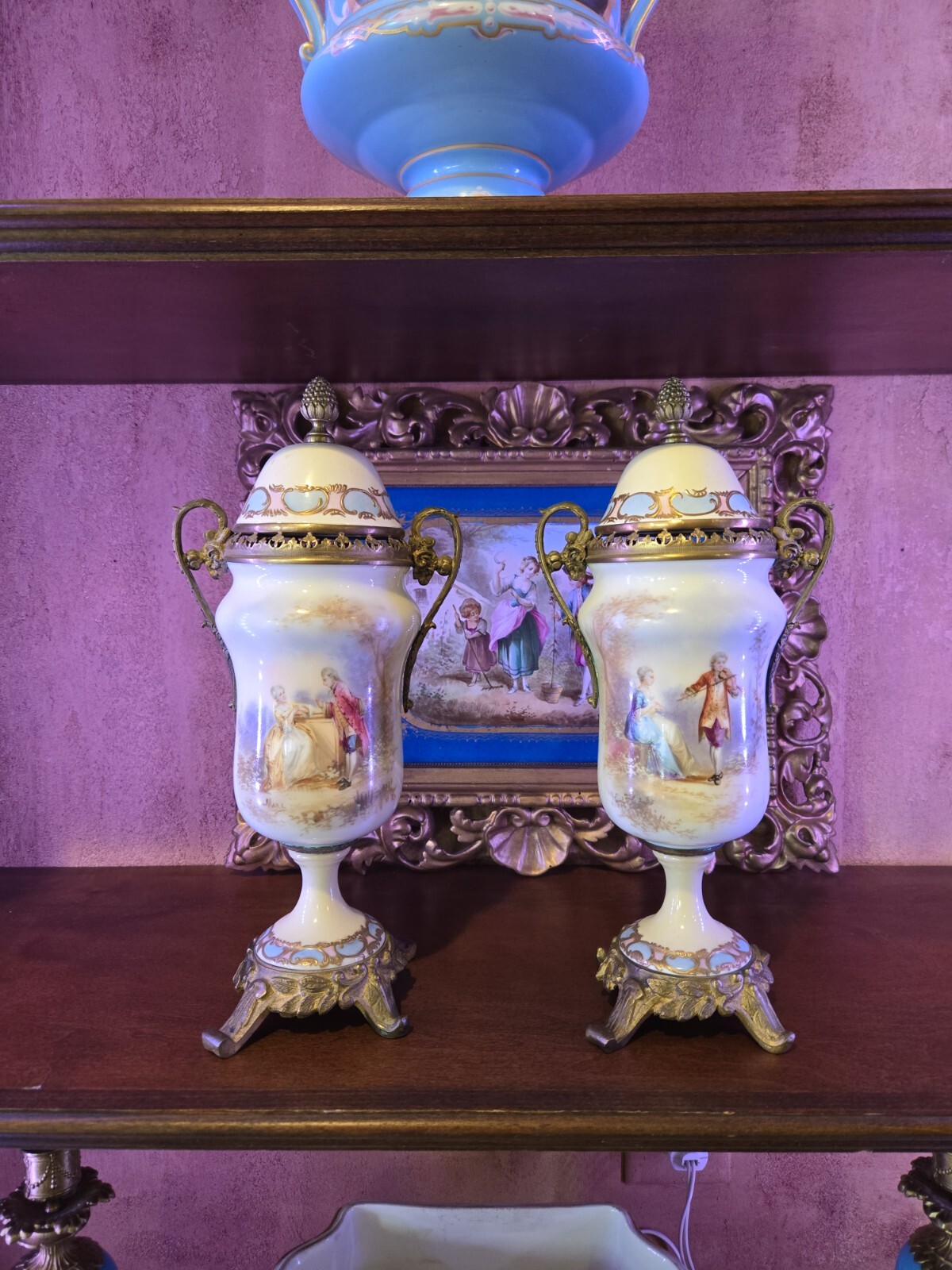 1771 GORGEOUS PAIR OF ANTIQUE SEVRES PORCELAIN COVERED SIGNED URNS