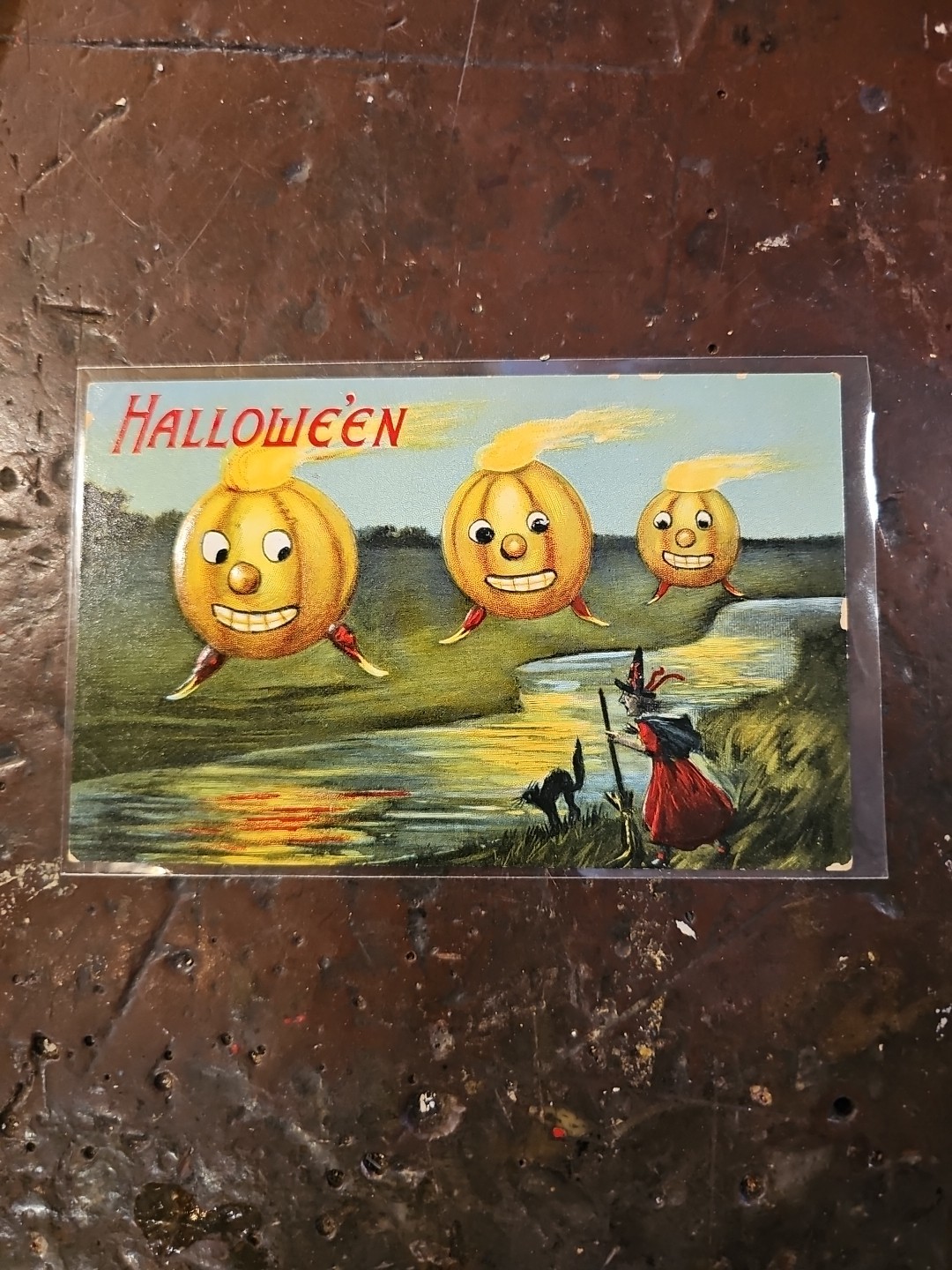 Valentine & Son Halloween Postcard Witch JOLs in water Valentine & Son Halloween Postcard Witch JOLs in water