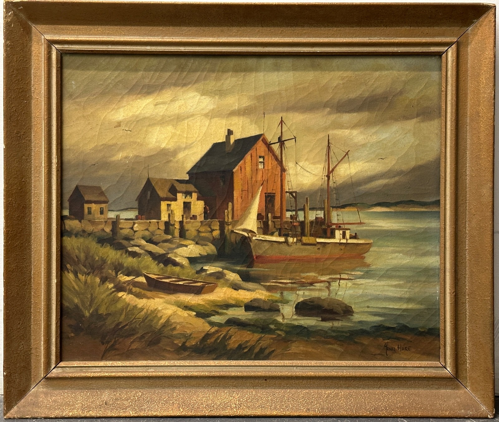 Oil Painting Rockport Harbor Massachusetts John Hare Dock Boat Seascape Vintage Oil Painting Rockport Harbor Massachusetts John Hare Dock Boat Seascape Vintage