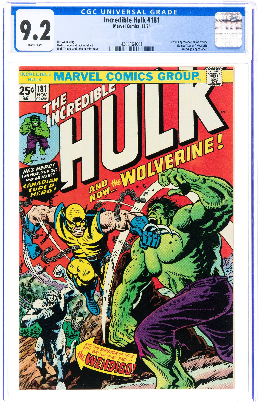 Incredible Hulk #181 CGC 9.2 1st App Wolverine 1974 - WHITE PAGES - P12 431 cm Incredible Hulk #181 CGC 9.2 1st App Wolverine 1974 - WHITE PAGES - P12 431 cm
