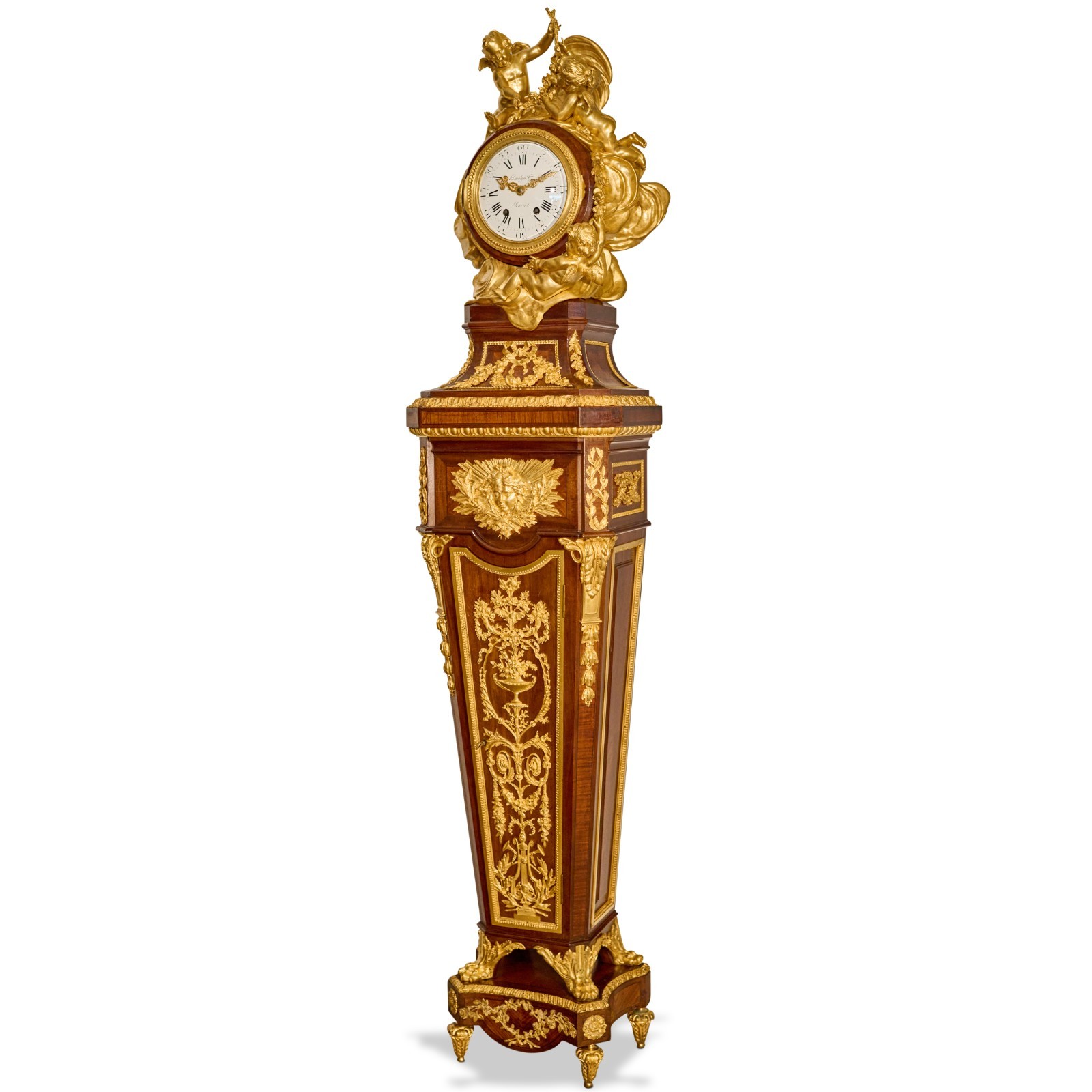 Antique French Louis XVI Gilt Bronze & Mahogany Longcase Clock Haentges Frères 