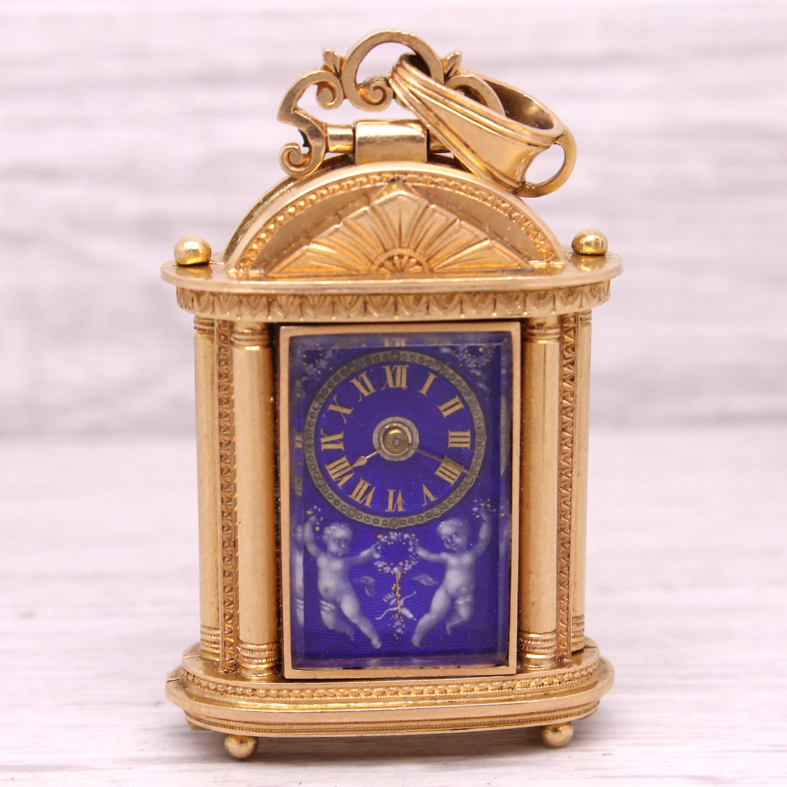 Antique c.1860 18k Gold Miniature Keywind Case Clock Pendant Blue Enamel Dial Antique c.1860 18k Gold Miniature Keywind Case Clock Pendant Blue Enamel Dial