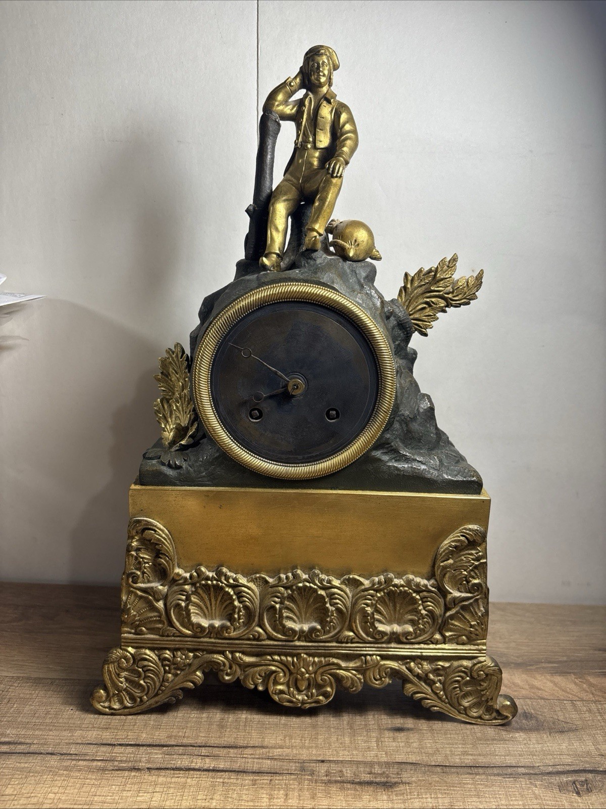 Beautiful 19th Century Early French Bronze Gilt Mantle Clock Poet Hunter Beggar Beautiful 19th Century Early French Bronze Gilt Mantle Clock Poet Hunter Beggar