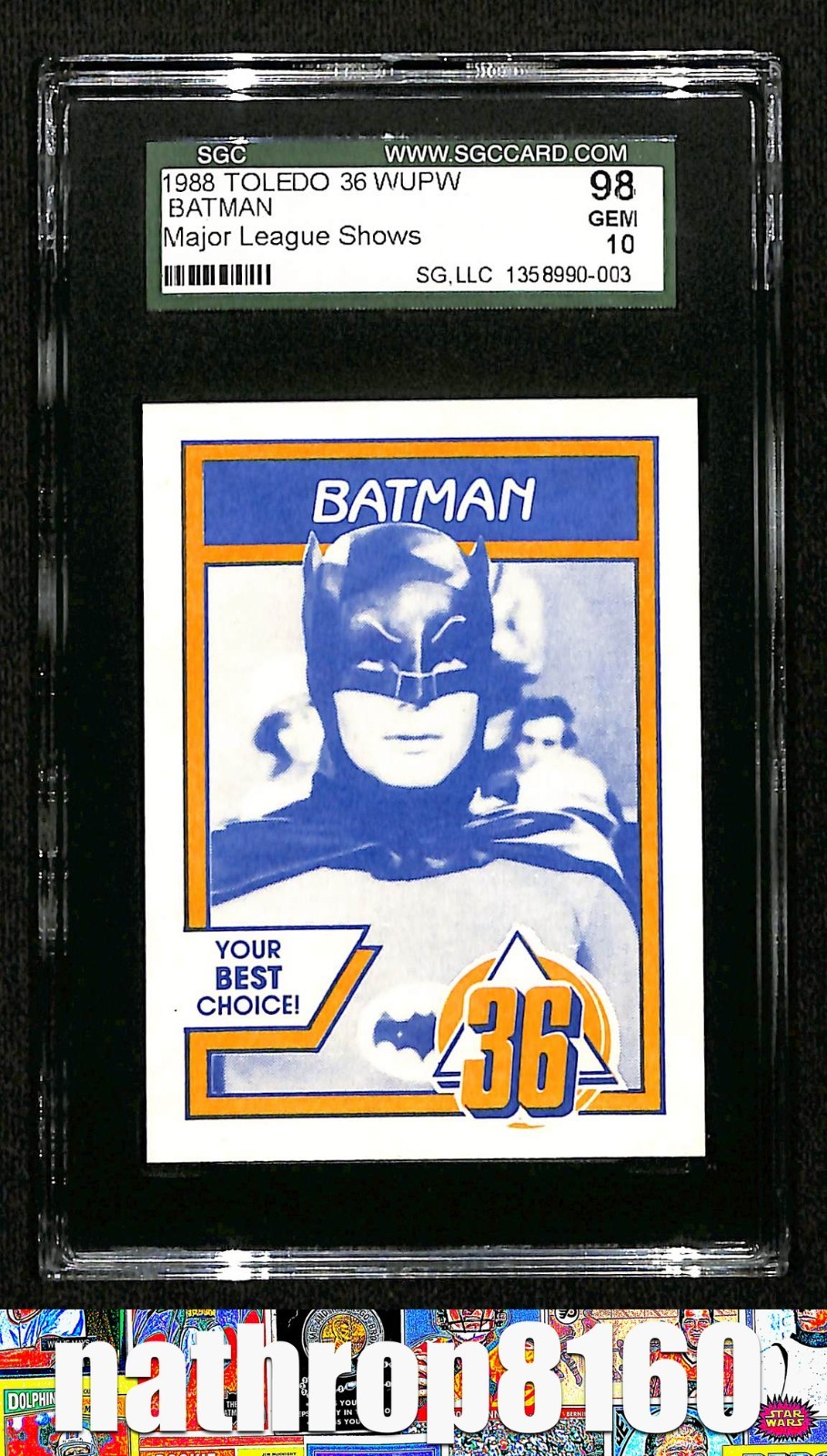1988 Toledo 36 WUPW Major League Shows Trading Card Batman SGC 98 Gem 10 16749 1988 Toledo 36 WUPW Major League Shows Trading Card Batman SGC 98 Gem 10 16749