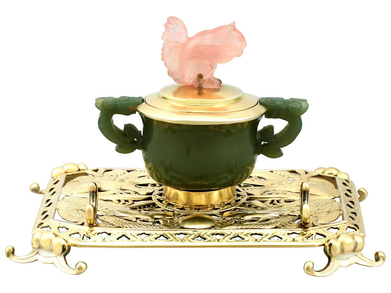 Antique George V Sterling Silver Nephrite and Rose Quartz Inkstand 1926 Antique George V Sterling Silver Nephrite and Rose Quartz Inkstand 1926