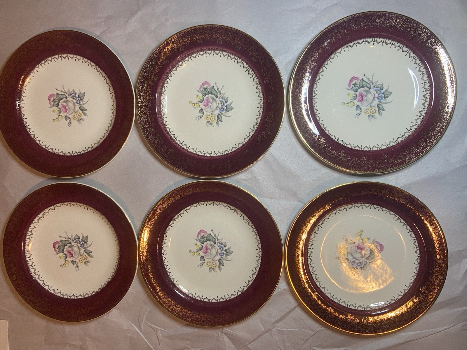 6 GEORGIAN Tudor Rose (Floral Center, Maroon Rim) Bread and Butter Plates