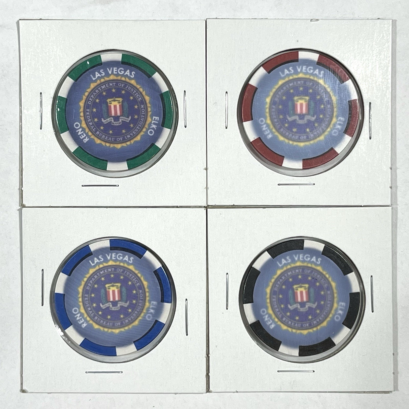 4 FBI Department of Justice CERAMIC Challenge Coins LAS VEGAS Elko RENO - FADED