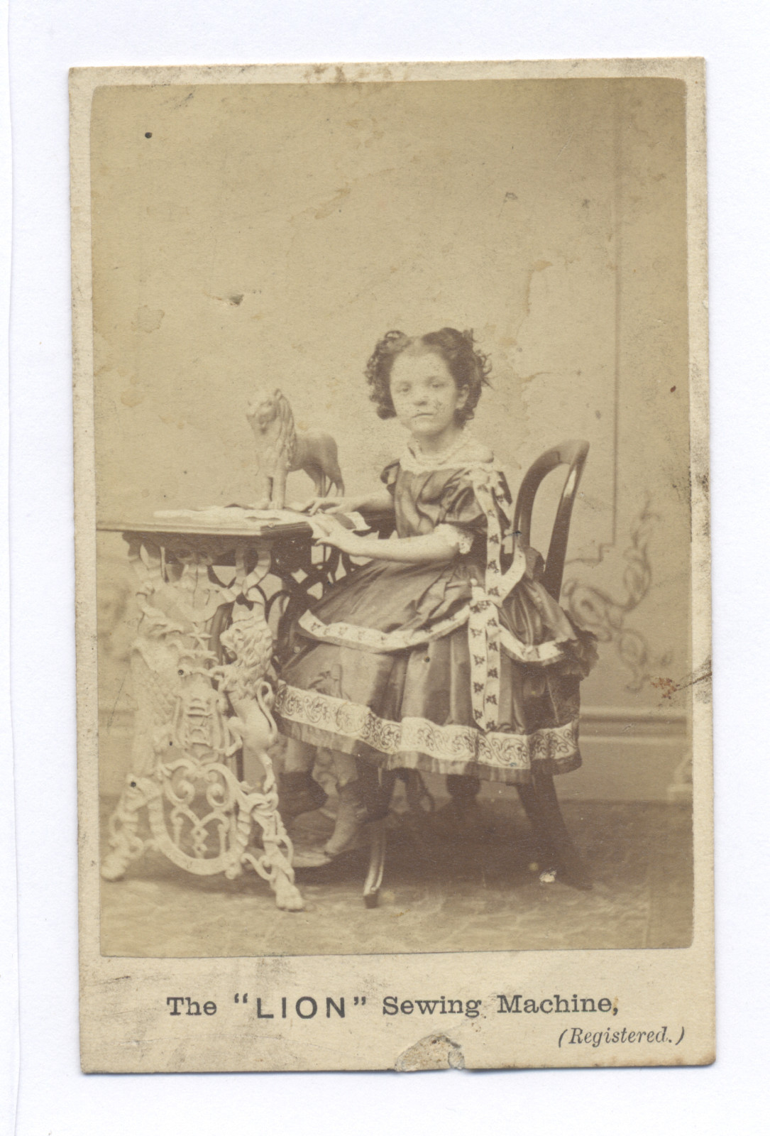 1860s-1870s CDV PHOTO, RARE CAST IRON LION FIGURAL SEWING MACHINE W/ GIRL SEATED 1860s-1870s CDV PHOTO, RARE CAST IRON LION FIGURAL SEWING MACHINE W/ GIRL SEATED