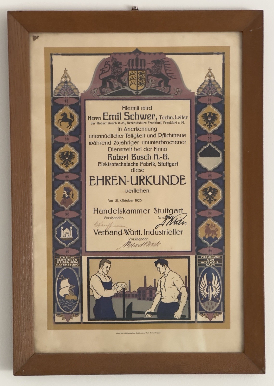 Original Robert Bosch signed honorary certificate 1925 Emil Schwer Bosch AG Original Robert Bosch signed honorary certificate 1925 Emil Schwer Bosch AG