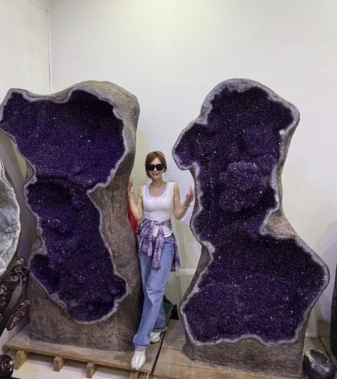 Large Natural Amethyst Geode Pair, Premium Deep Purple Crystal Cave Specimens Large Natural Amethyst Geode Pair, Premium Deep Purple Crystal Cave Specimens