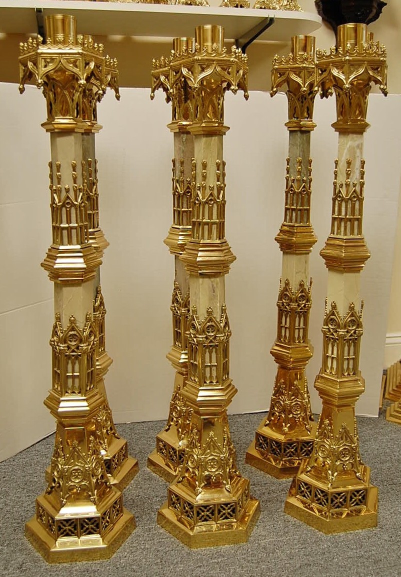 BEAUTIFUL SET OF SIX (6) MARBLE & BRASS ALTAR CANDLESTICKS, 40 BEAUTIFUL SET OF SIX (6) MARBLE & BRASS ALTAR CANDLESTICKS, 40
