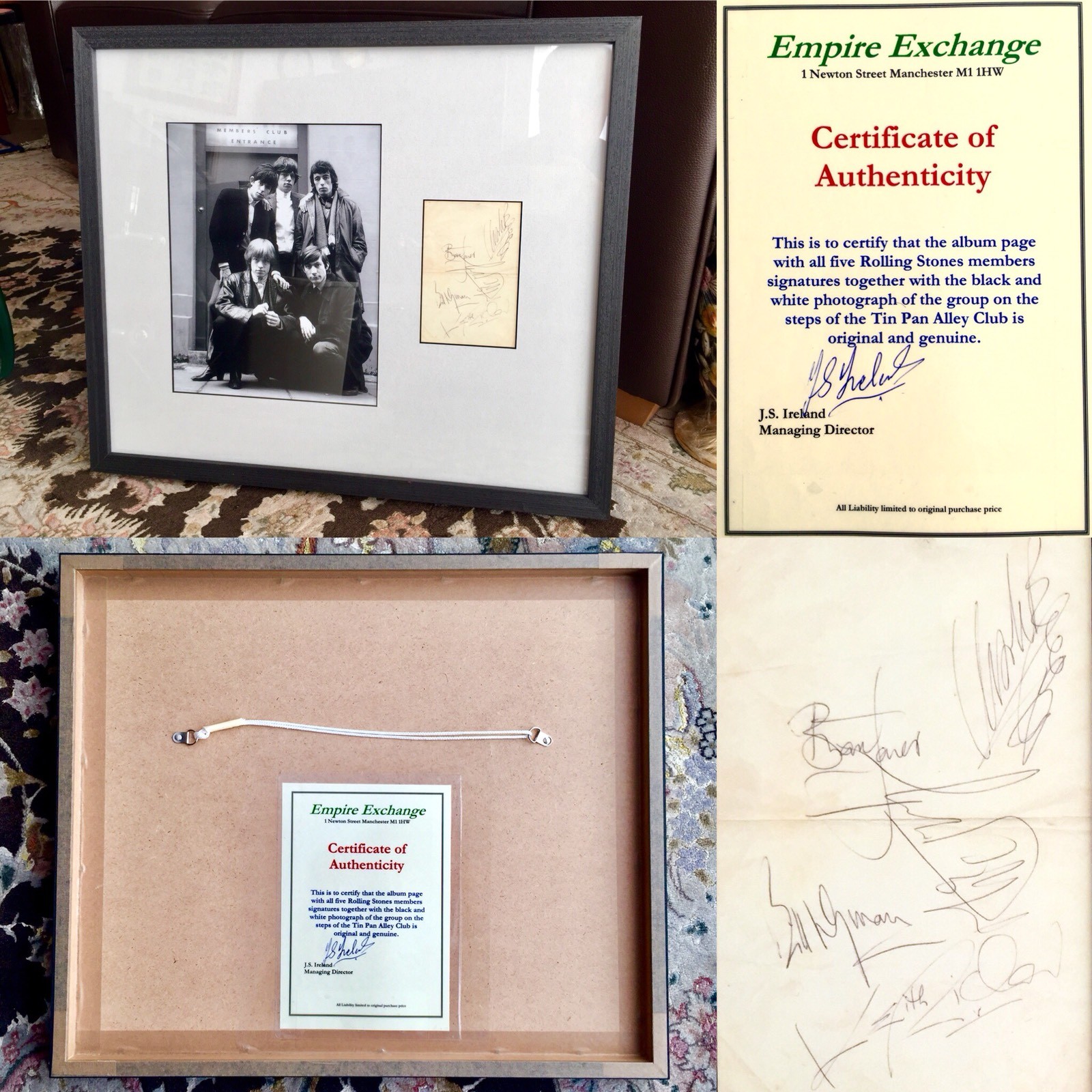 Signed Album Page of All 5 Rolling Stones On Steps of Tin Pan Alley Club 20”x17” Signed Album Page of All 5 Rolling Stones On Steps of Tin Pan Alley Club 20”x17”