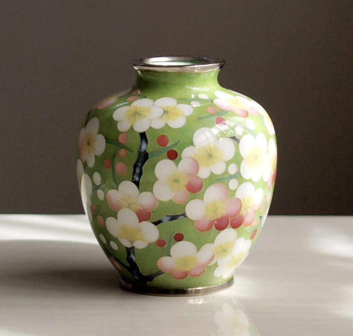 Kato Shippo Cloisonne Vase Plum Blossom Green Owari Shippo Wired Enamel Japan