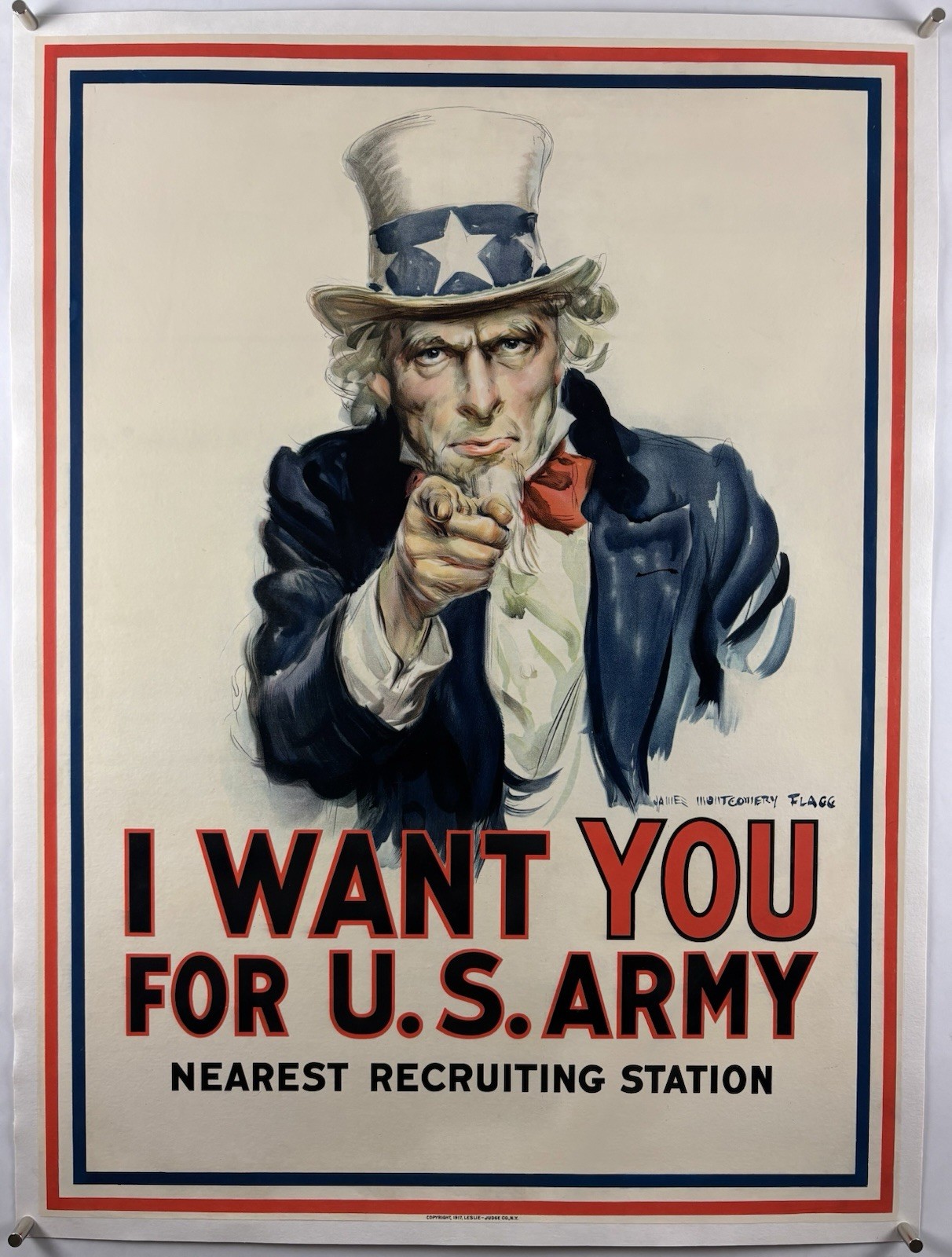 I WANT YOU FOR US ARMY Linen World War 1 Poster Uncle Sam Montgomery Flagg 1917