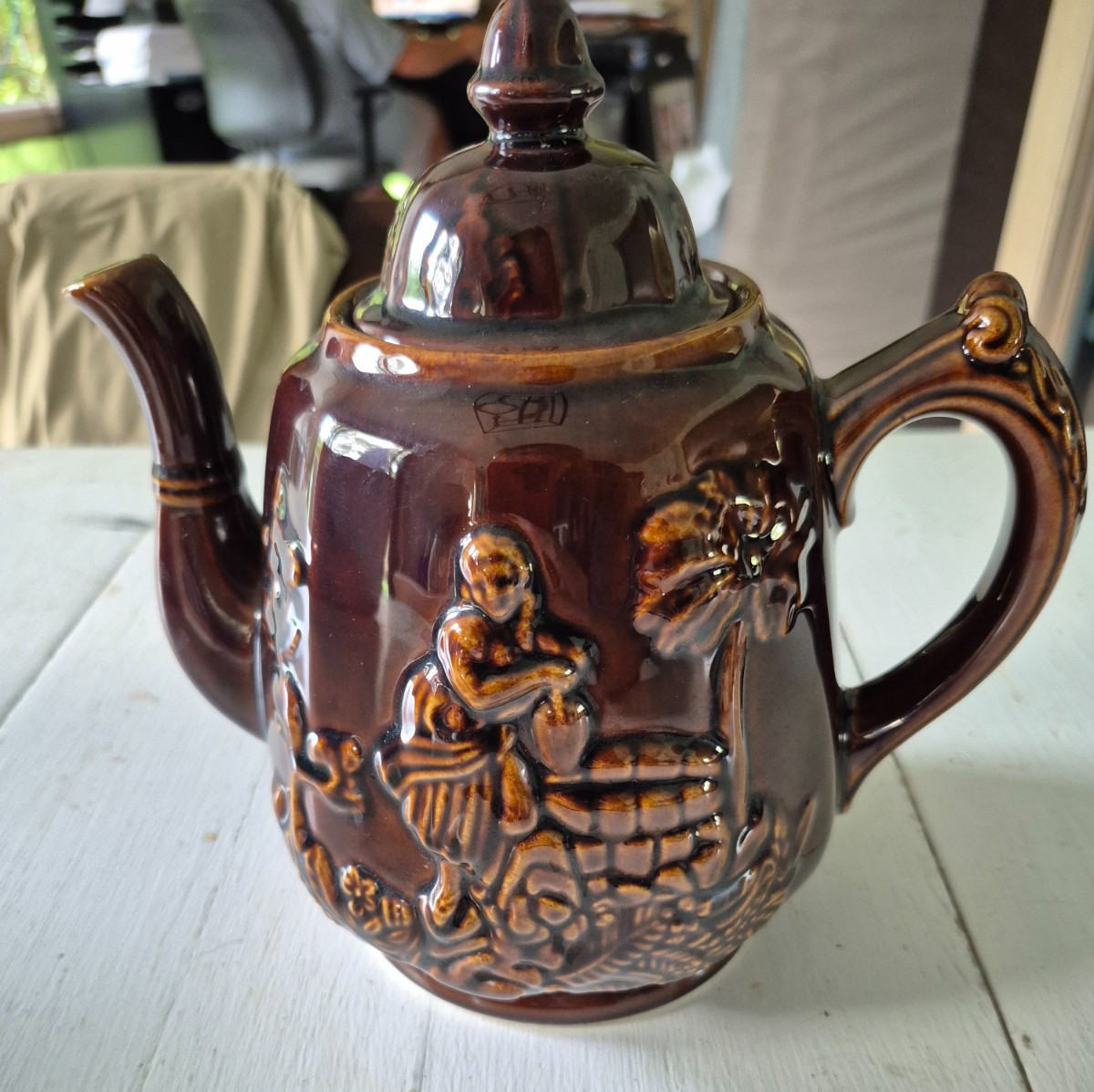 Vintage 60s Rockingham Harker 1840 Rebekah Rebecca At The Well Brown Teapot