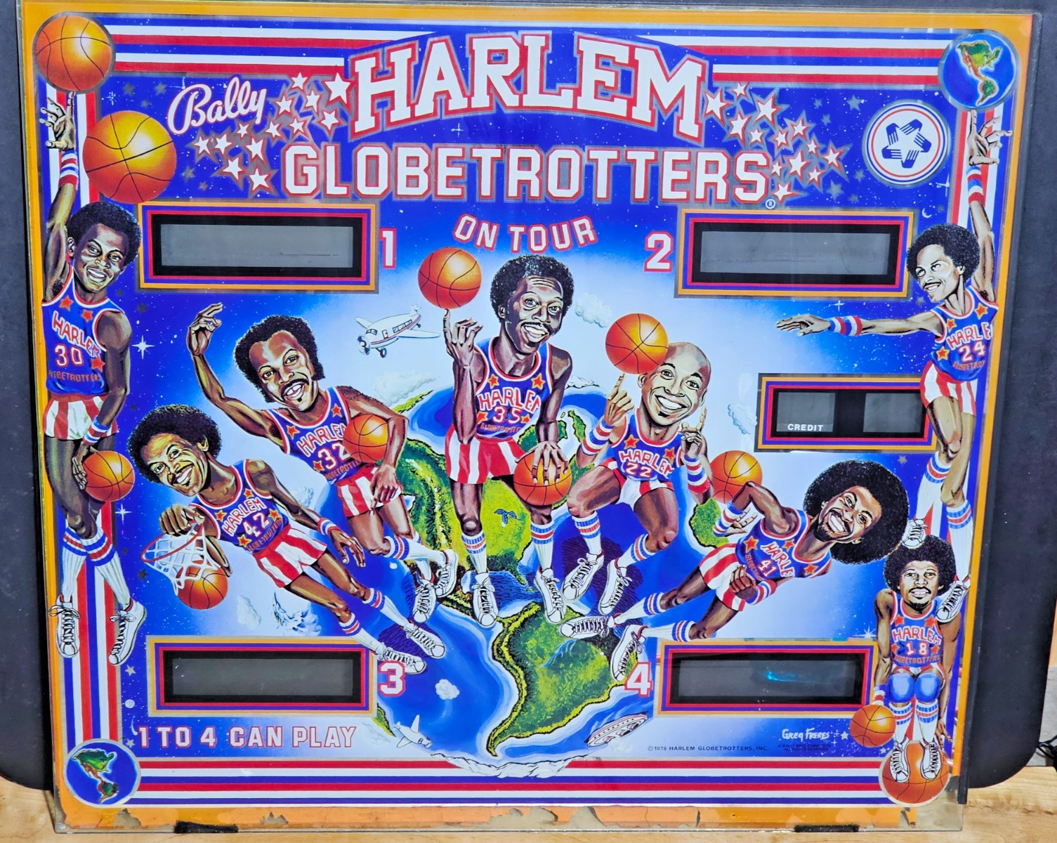 RARE VINTAGE ORIGINAL 1979 BALLY HARLEM GLOBETROTTERS ON TOUR PINBALL BACKGLASS